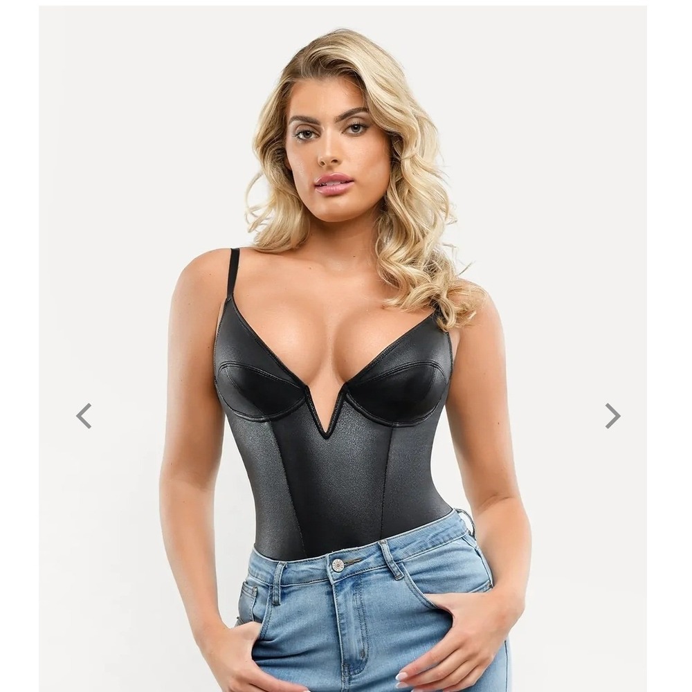NWT Popilush Shapewear Faux Leather Plunging V Sculpting Corset Bodysuit Med Y89